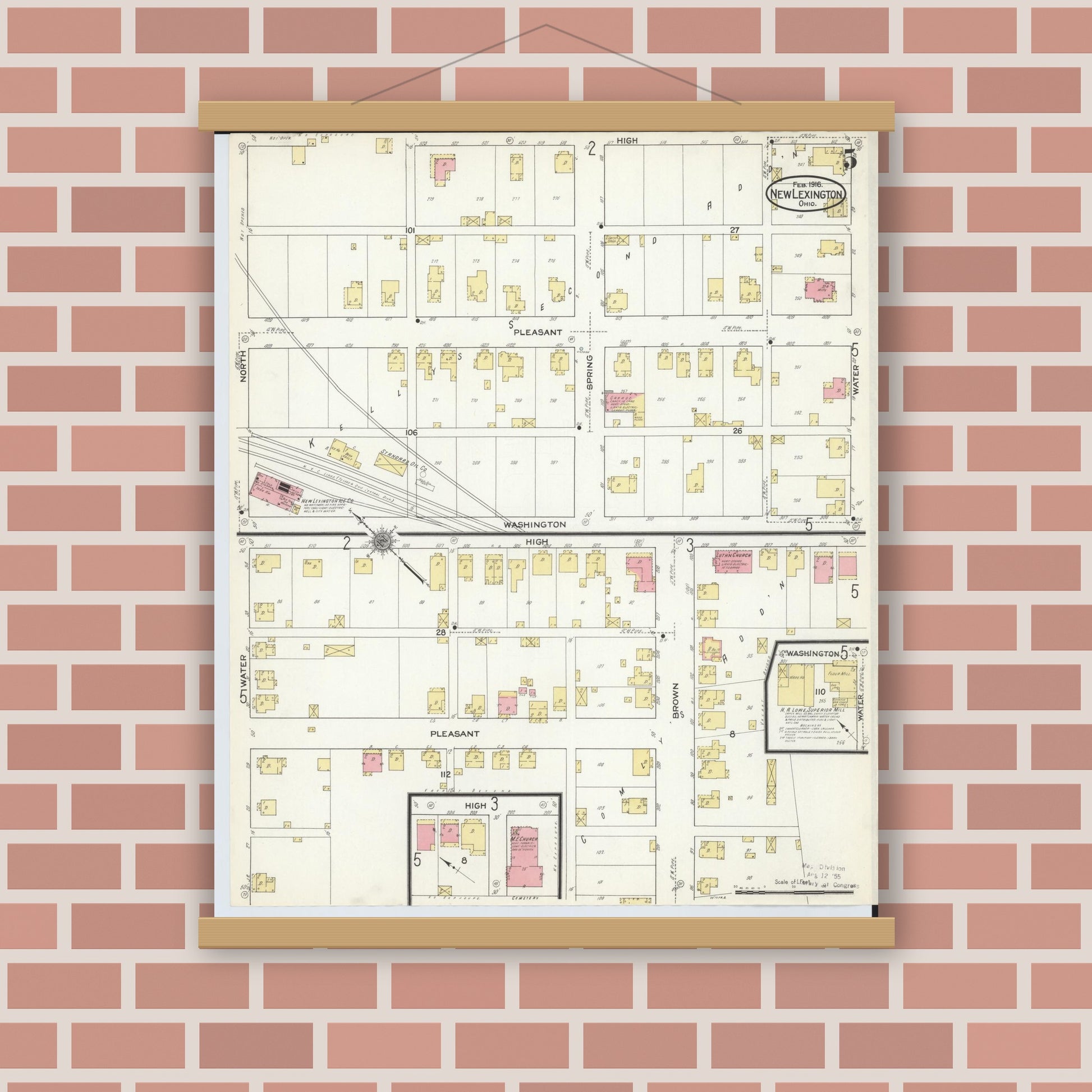 Old map wall art mockup — magnetic wood frame on brick wall — Sanborn Fire Insurance Map from New Lexington, Perry County, Ohio (1916), Sheet #0005