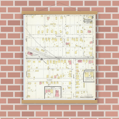Old map wall art mockup — magnetic wood frame on brick wall — Sanborn Fire Insurance Map from New Lexington, Perry County, Ohio (1916), Sheet #0005