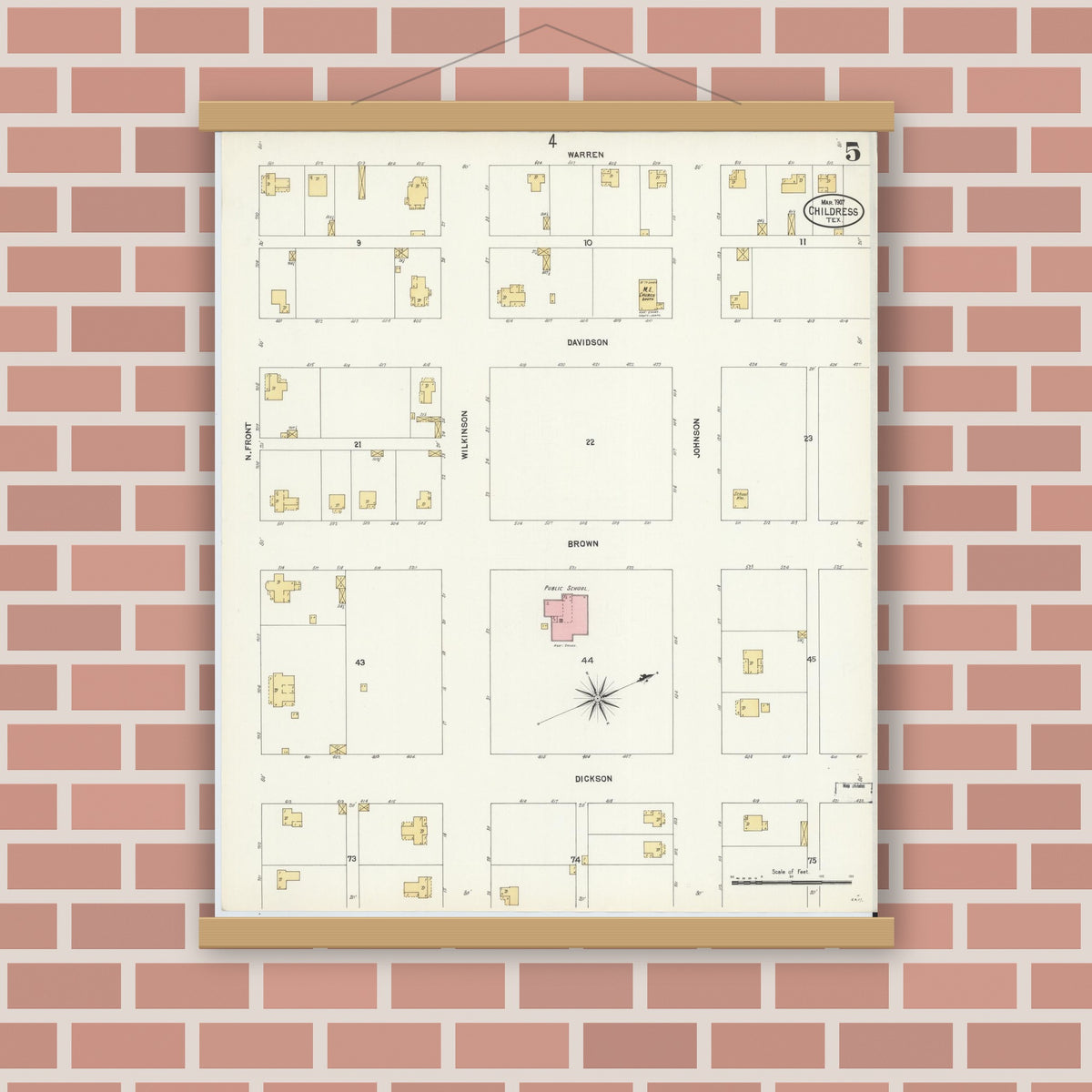Old map wall art mockup — magnetic wood frame on brick wall — Sanborn Fire Insurance Map from Childress, Childress County, Texas (1907), Sheet #0005