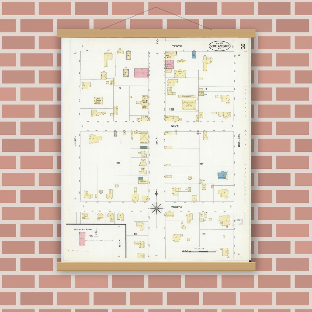 Old map wall art mockup — magnetic wood frame on brick wall — Sanborn Fire Insurance Map from Scotland Neck, Halifax County, North Carolina (1908), Sheet #0003