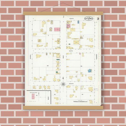Old map wall art mockup — magnetic wood frame on brick wall — Sanborn Fire Insurance Map from Scotland Neck, Halifax County, North Carolina (1908), Sheet #0003