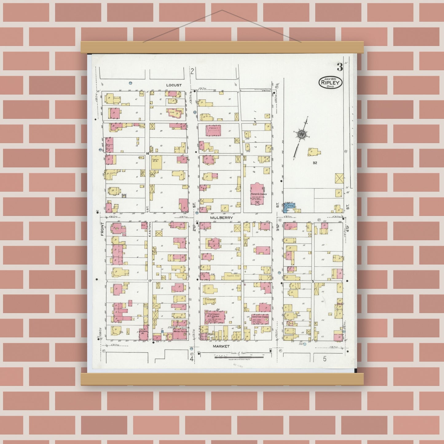 Old map wall art mockup — magnetic wood frame on brick wall — Sanborn Fire Insurance Map from Ripley, Brown County, Ohio (1920), Sheet #0003