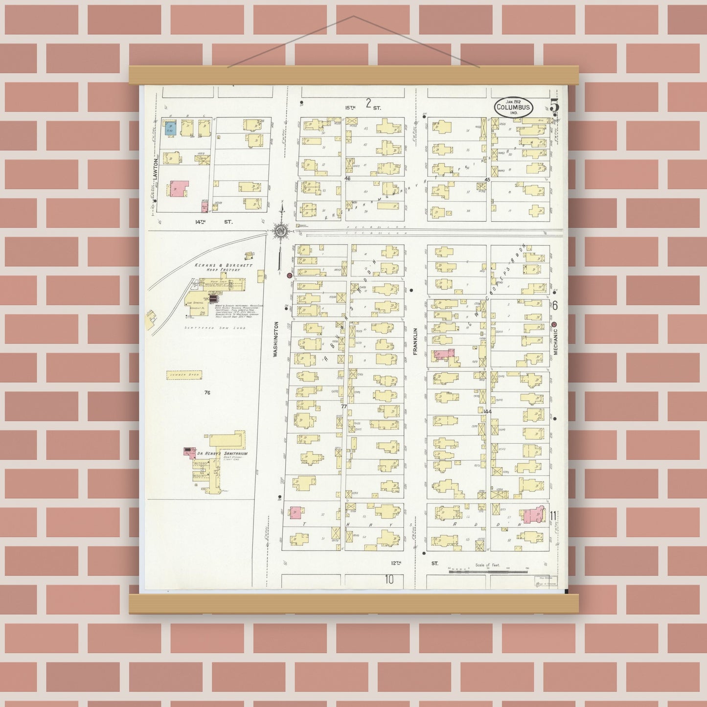 Old map wall art mockup — magnetic wood frame on brick wall — Sanborn Fire Insurance Map from Columbus, Bartholomew County, Indiana (1912), Sheet #0005