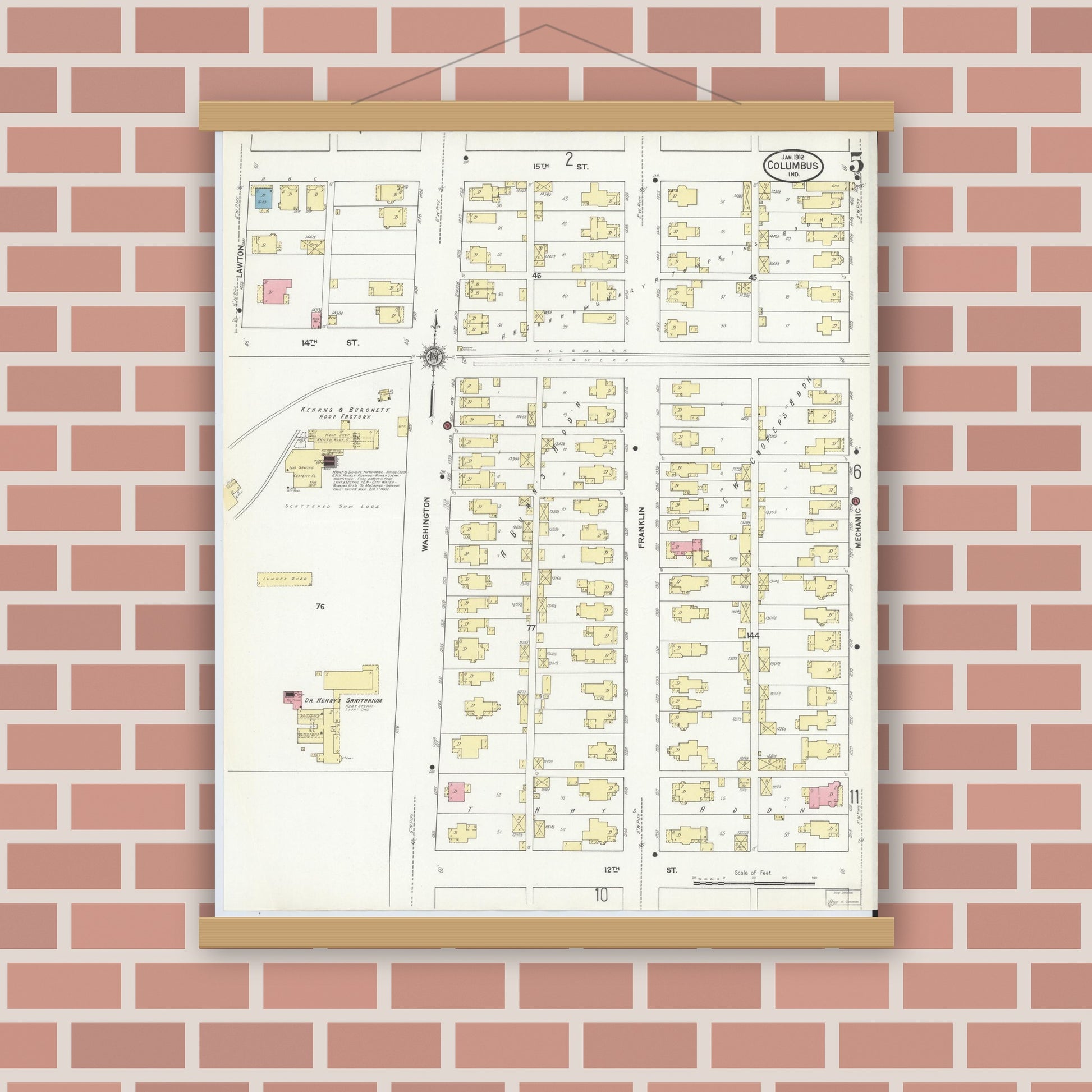 Old map wall art mockup — magnetic wood frame on brick wall — Sanborn Fire Insurance Map from Columbus, Bartholomew County, Indiana (1912), Sheet #0005