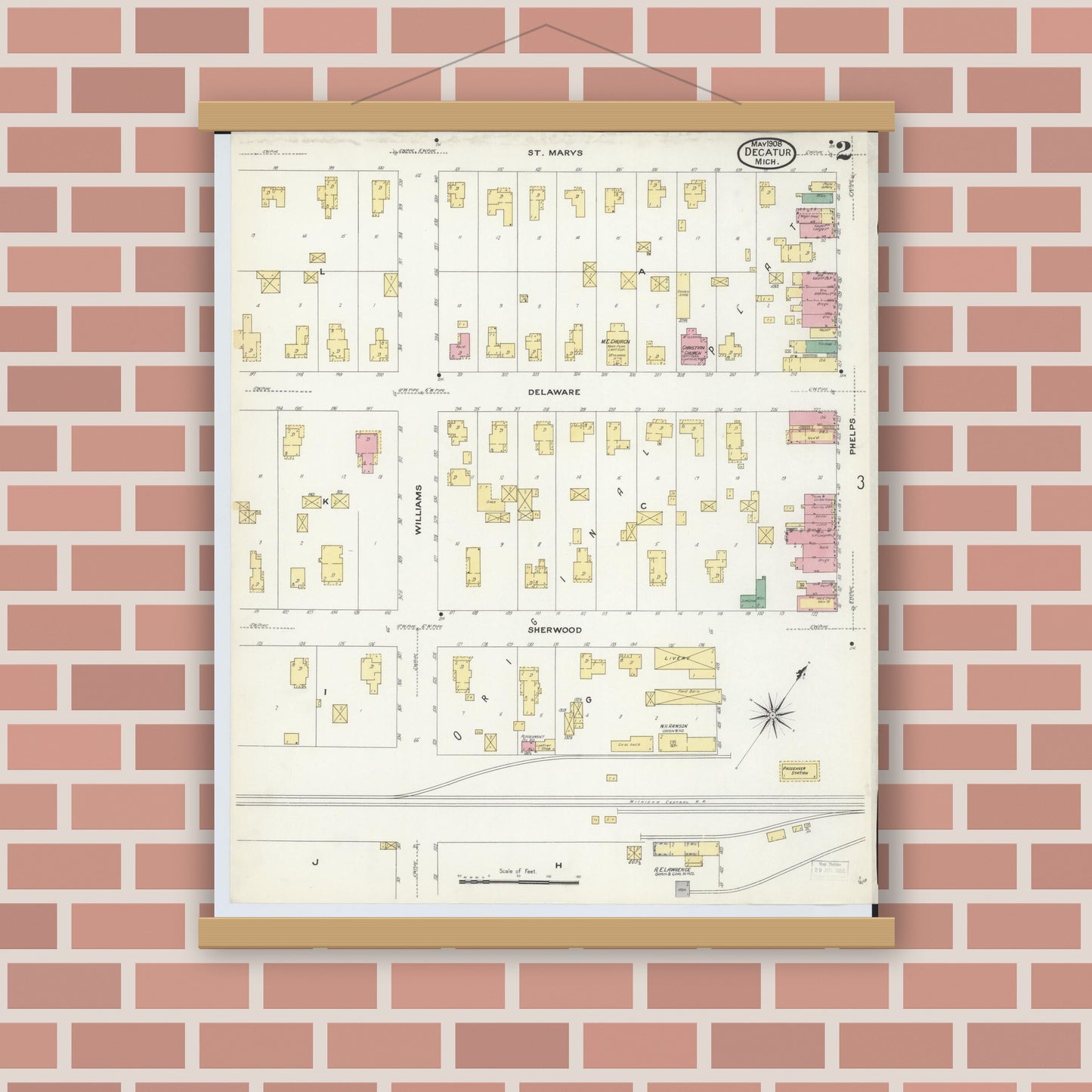 Old map wall art mockup — magnetic wood frame on brick wall — Sanborn Fire Insurance Map from Decatur, Van Buren County, Michigan (1908), Sheet #0002