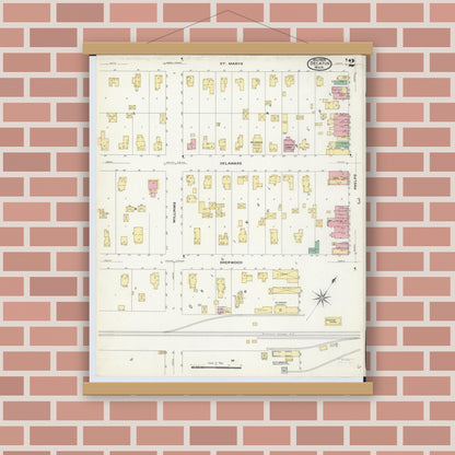 Old map wall art mockup — magnetic wood frame on brick wall — Sanborn Fire Insurance Map from Decatur, Van Buren County, Michigan (1908), Sheet #0002