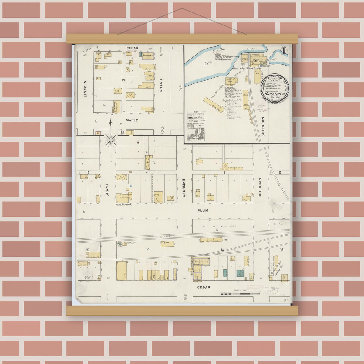 Old map wall art mockup — magnetic wood frame on brick wall — Sanborn Fire Insurance Map from Houston, Houston County, Minnesota (1894) - Complete Map Set
