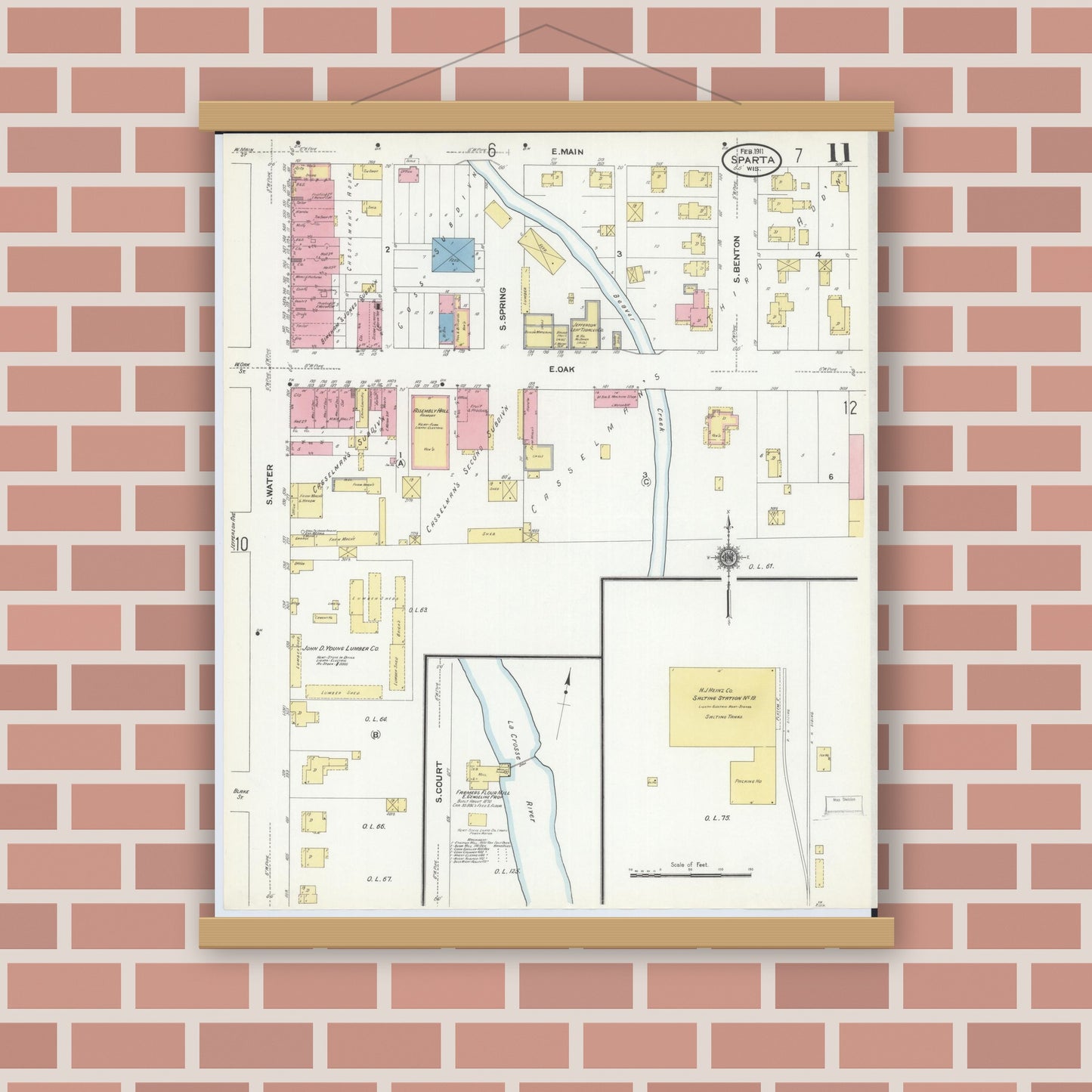 Old map wall art mockup — magnetic wood frame on brick wall — Sanborn Fire Insurance Map from Sparta, Monroe County, Wisconsin (1911), Sheet #0011