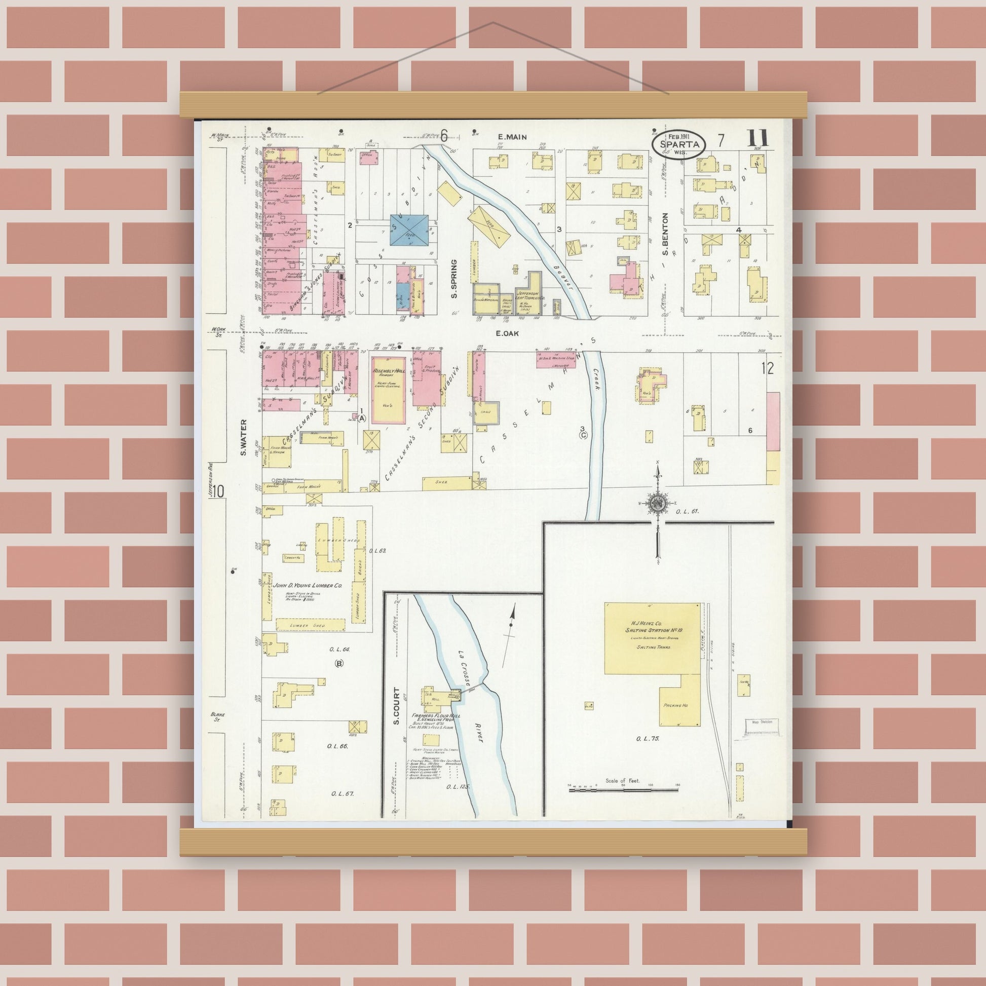 Old map wall art mockup — magnetic wood frame on brick wall — Sanborn Fire Insurance Map from Sparta, Monroe County, Wisconsin (1911), Sheet #0011