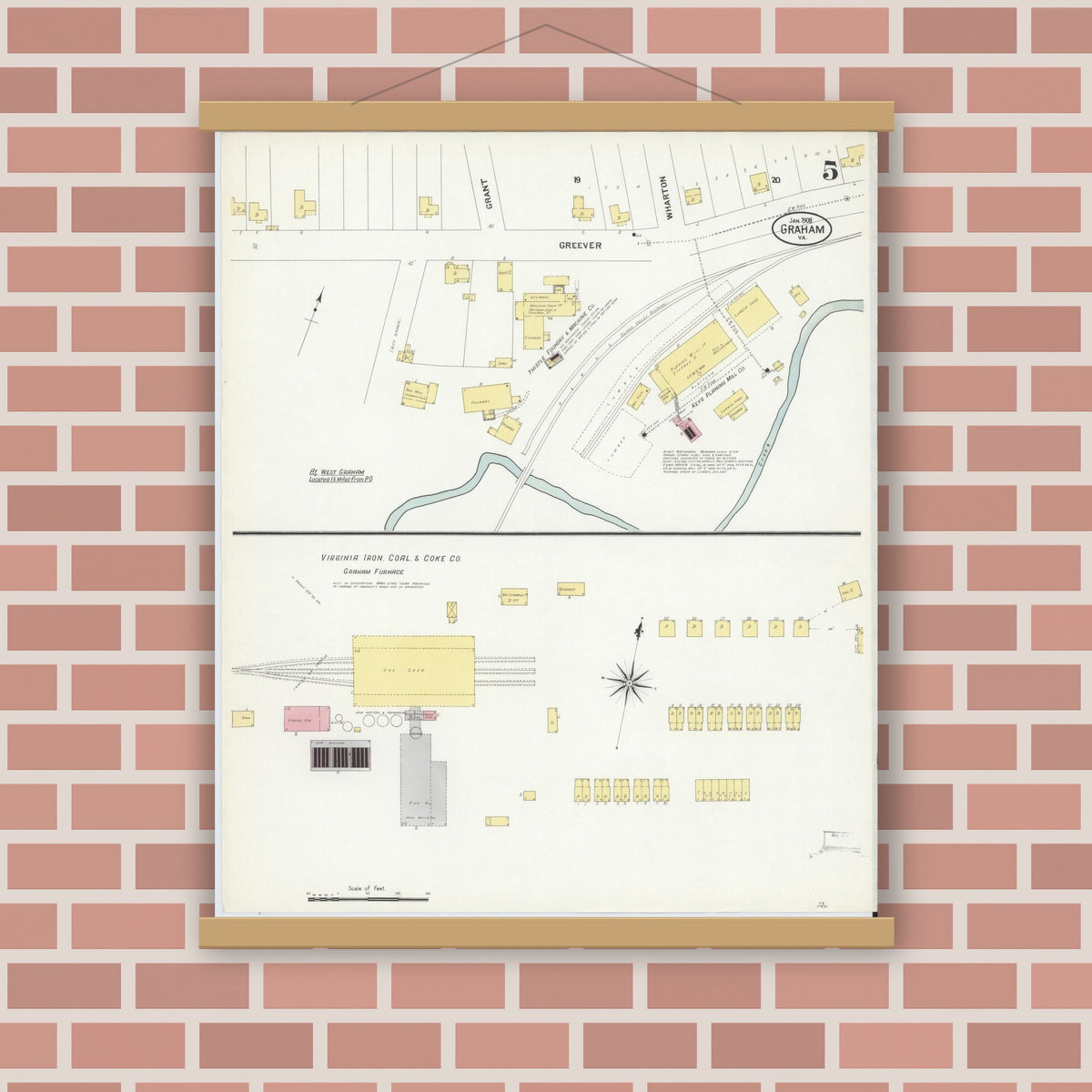 Old map wall art mockup — magnetic wood frame on brick wall — Sanborn Fire Insurance Map from Graham, Tazewell County, Virginia (1908), Sheet #0005