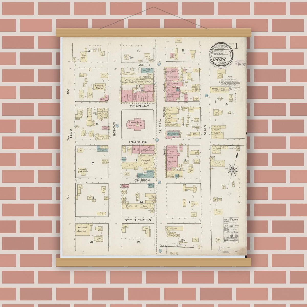 Old map wall art mockup — magnetic wood frame on brick wall — Sanborn Fire Insurance Map from Ukiah, Mendocino County, California (1885) - Complete Map Set