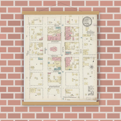 Old map wall art mockup — magnetic wood frame on brick wall — Sanborn Fire Insurance Map from Ukiah, Mendocino County, California (1885) - Complete Map Set