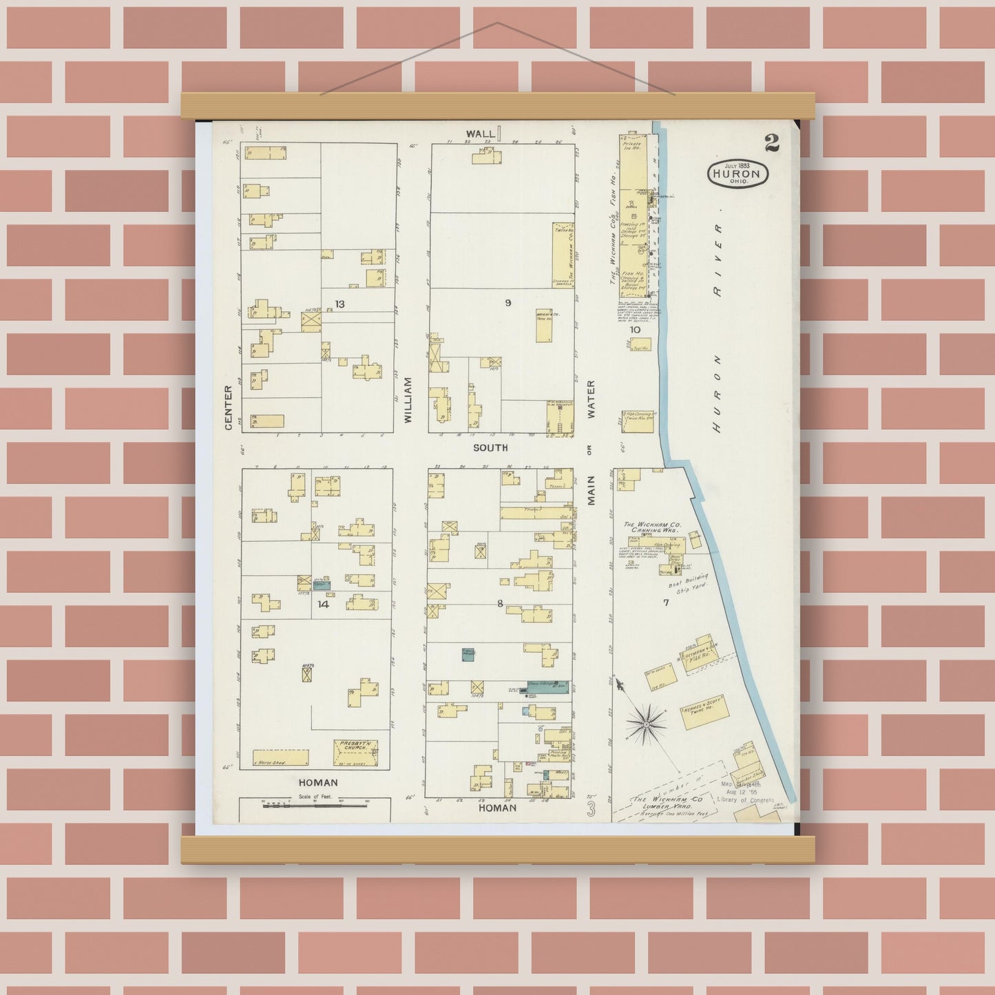 Old map wall art mockup — magnetic wood frame on brick wall — Sanborn Fire Insurance Map from Huron, Erie County, Ohio (1893), Sheet #0002