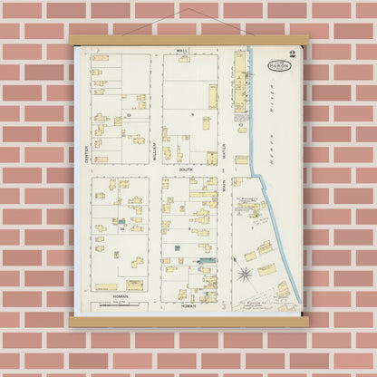 Old map wall art mockup — magnetic wood frame on brick wall — Sanborn Fire Insurance Map from Huron, Erie County, Ohio (1893), Sheet #0002