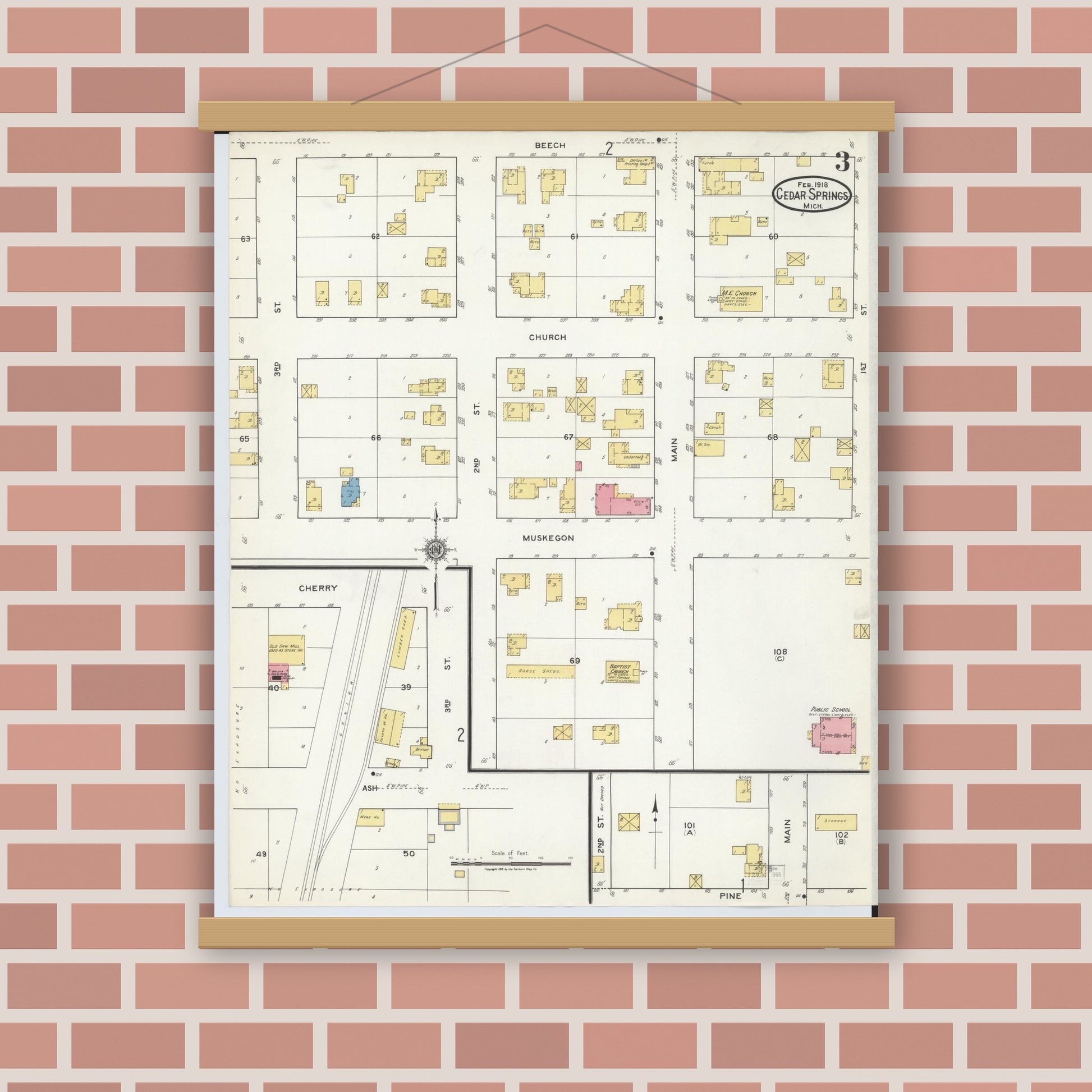 Old map wall art mockup — magnetic wood frame on brick wall — Sanborn Fire Insurance Map from Cedar Springs, Kent County, Michigan (1918), Sheet #0003