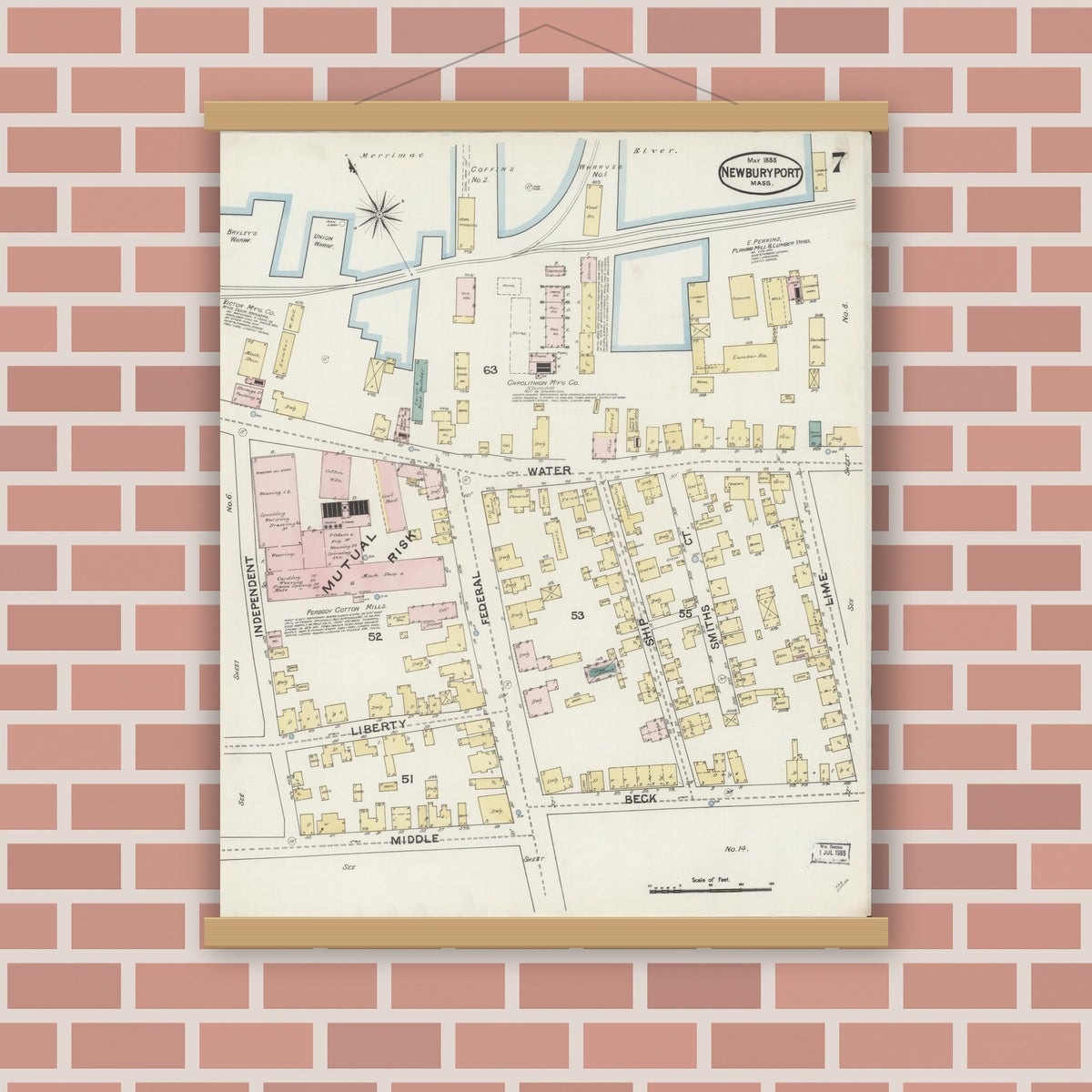 Old map wall art mockup — magnetic wood frame on brick wall — Sanborn Fire Insurance Map from Newburyport, Essex County, Massachusetts (1888), Sheet #0007