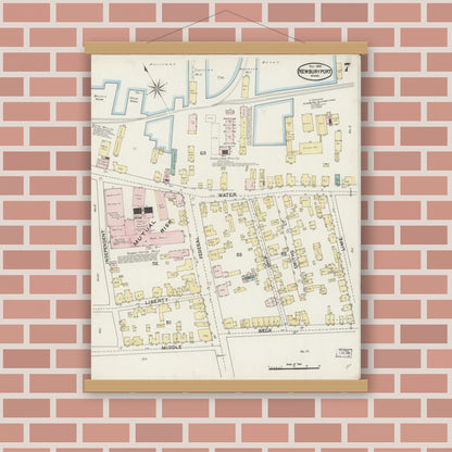 Old map wall art mockup — magnetic wood frame on brick wall — Sanborn Fire Insurance Map from Newburyport, Essex County, Massachusetts (1888), Sheet #0007