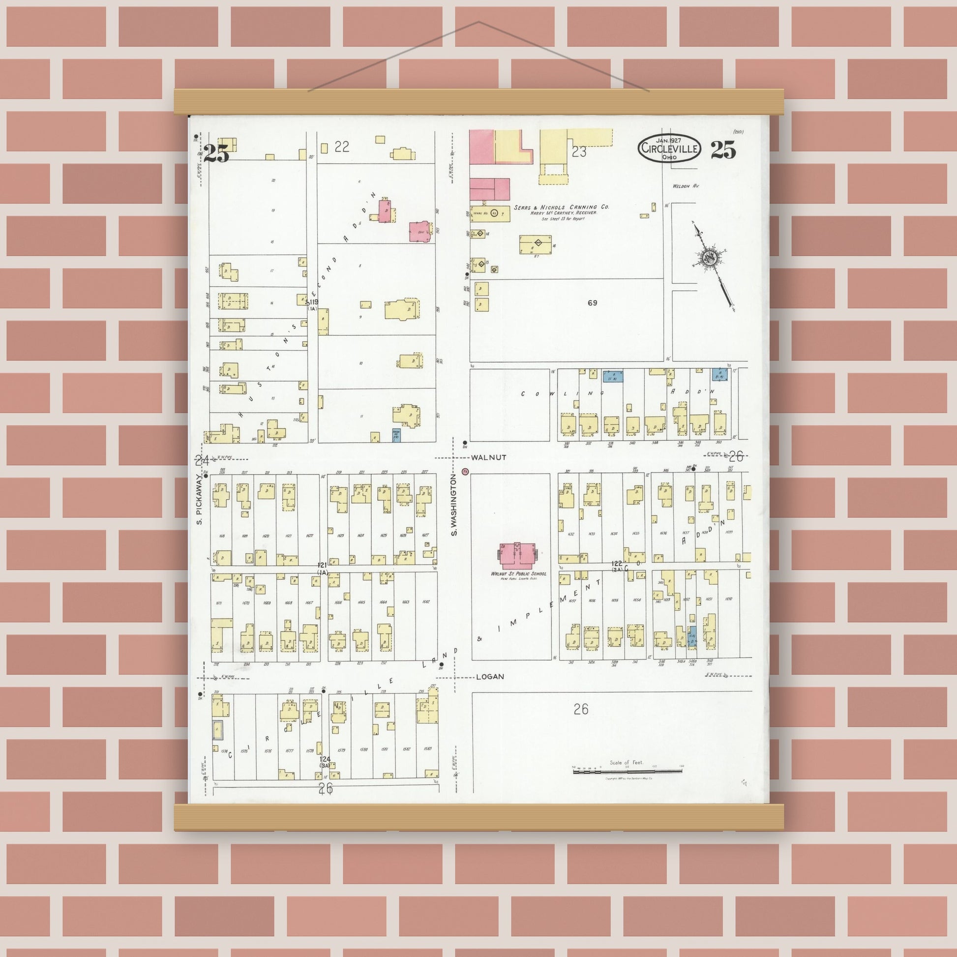 Old map wall art mockup — magnetic wood frame on brick wall — Sanborn Fire Insurance Map from Circleville, Pickaway County, Ohio (1927), Sheet #0025
