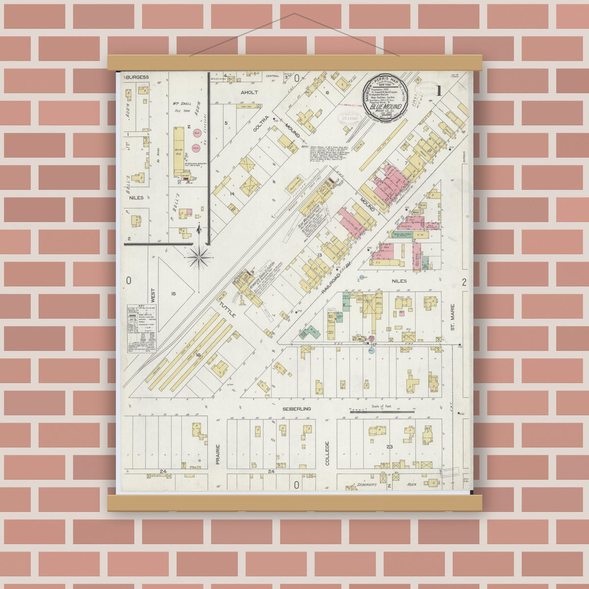 Old map wall art mockup — magnetic wood frame on brick wall — Sanborn Fire Insurance Map from Blue Mound, Macon County, Illinois (1899), Sheet #0001