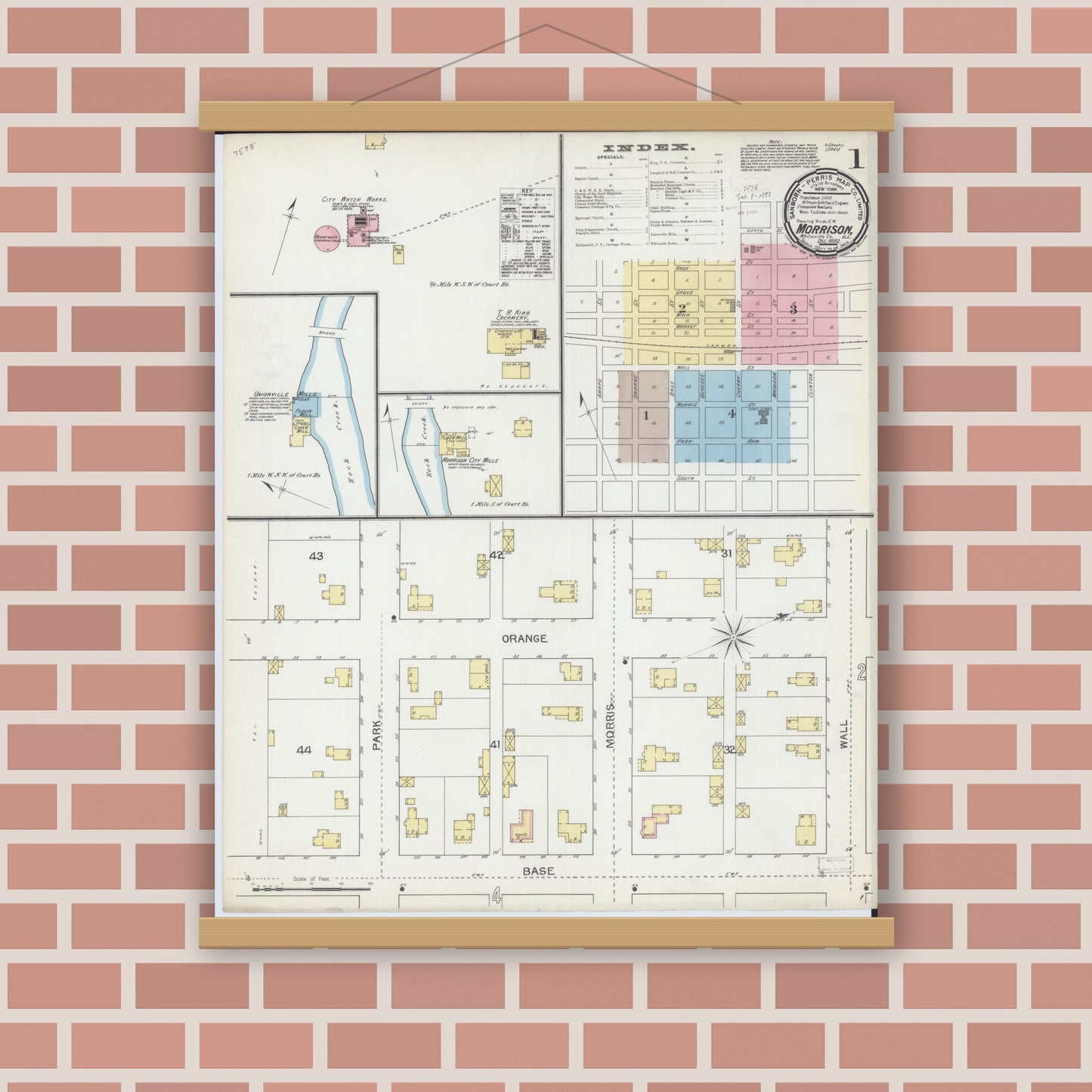 Old map wall art mockup — magnetic wood frame on brick wall — Sanborn Fire Insurance Map from Morrison, Whiteside County, Illinois (1892) - Complete Map Set
