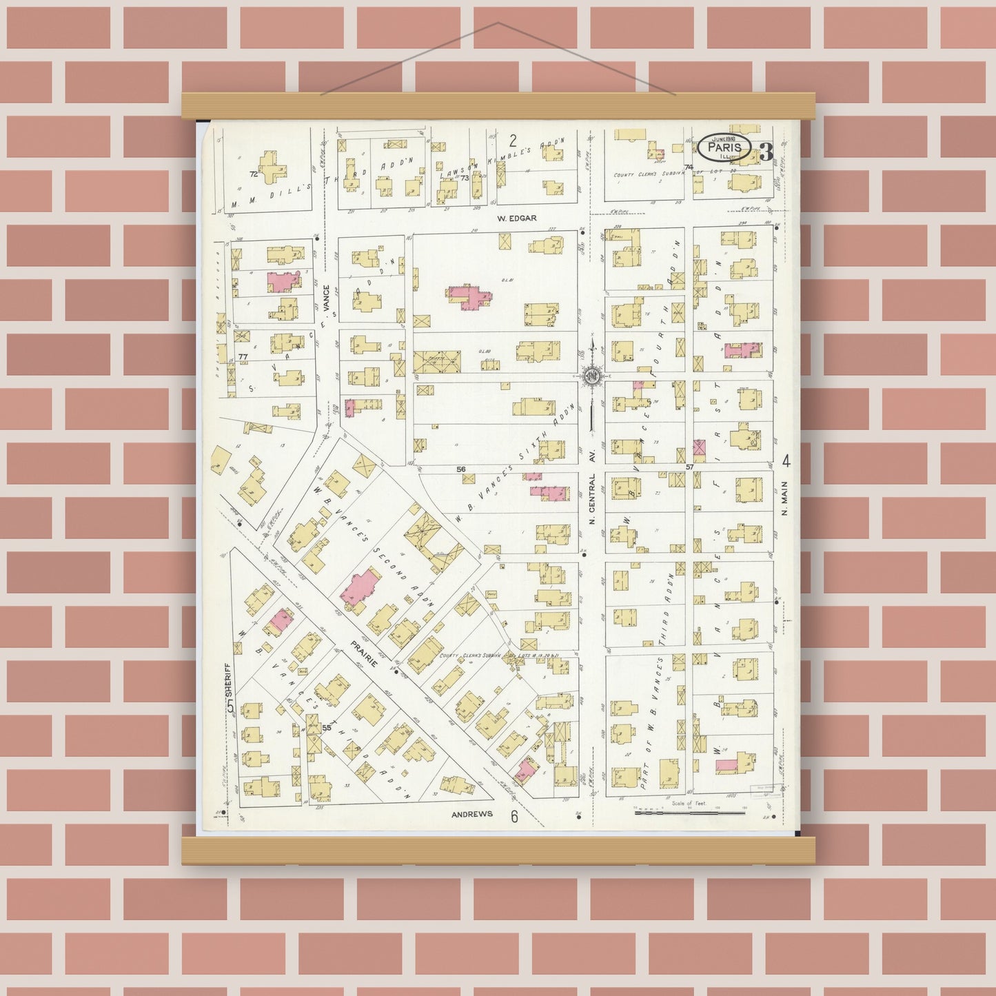 Old map wall art mockup — magnetic wood frame on brick wall — Sanborn Fire Insurance Map from Paris, Edgar County, Illinois (1916), Sheet #0003