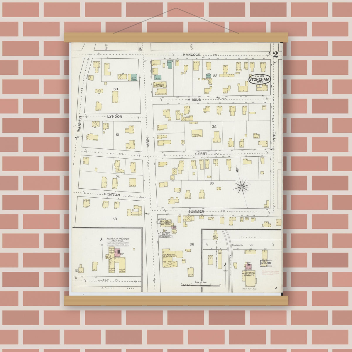 Old map wall art mockup — magnetic wood frame on brick wall — Sanborn Fire Insurance Map from Stoneham, Middlesex County, Massachusetts (1892), Sheet #0002