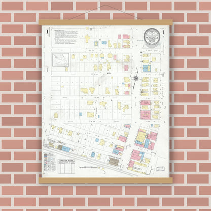 Old map wall art mockup — magnetic wood frame on brick wall — Sanborn Fire Insurance Map from Parkville, Platte County, Missouri (1948) - Complete Map Set