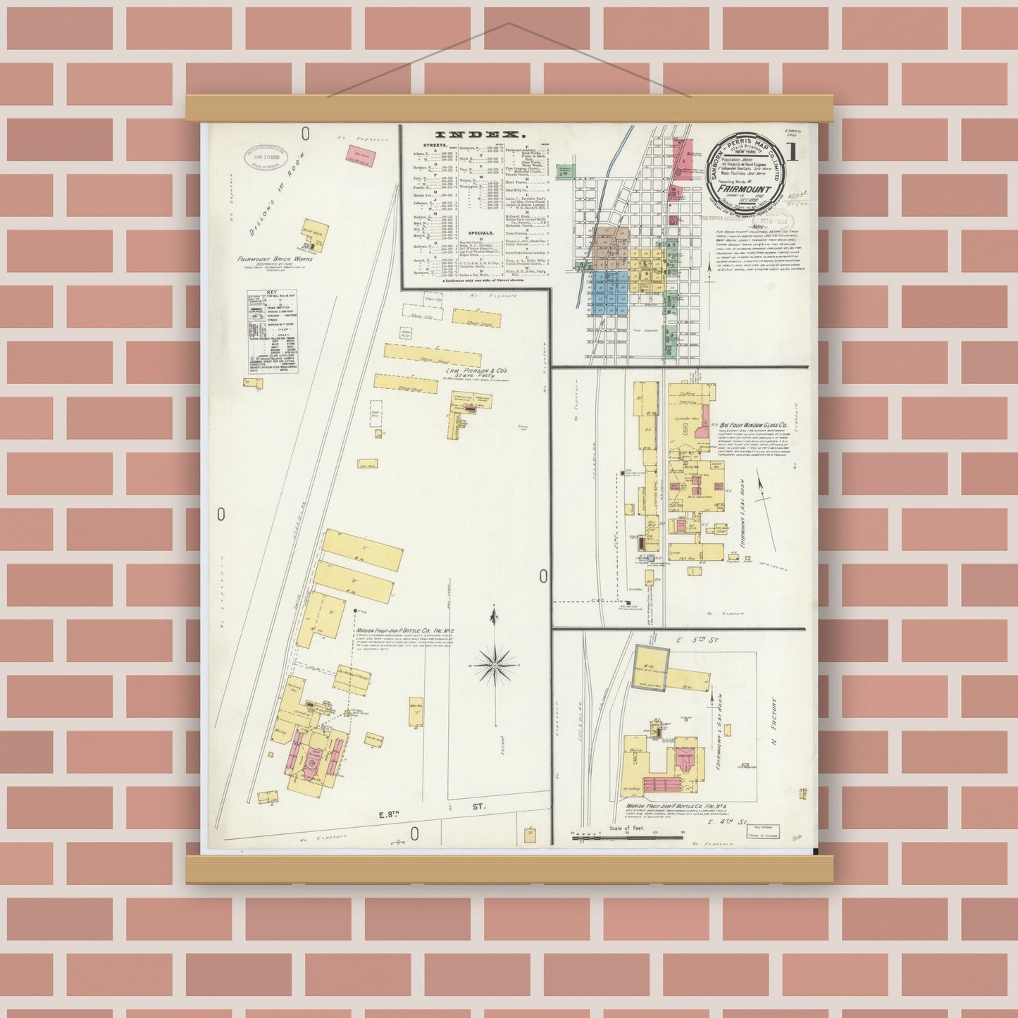 Old map wall art mockup — magnetic wood frame on brick wall — Sanborn Fire Insurance Map from Fairmount, Grant County, Indiana (1898), Sheet #0001