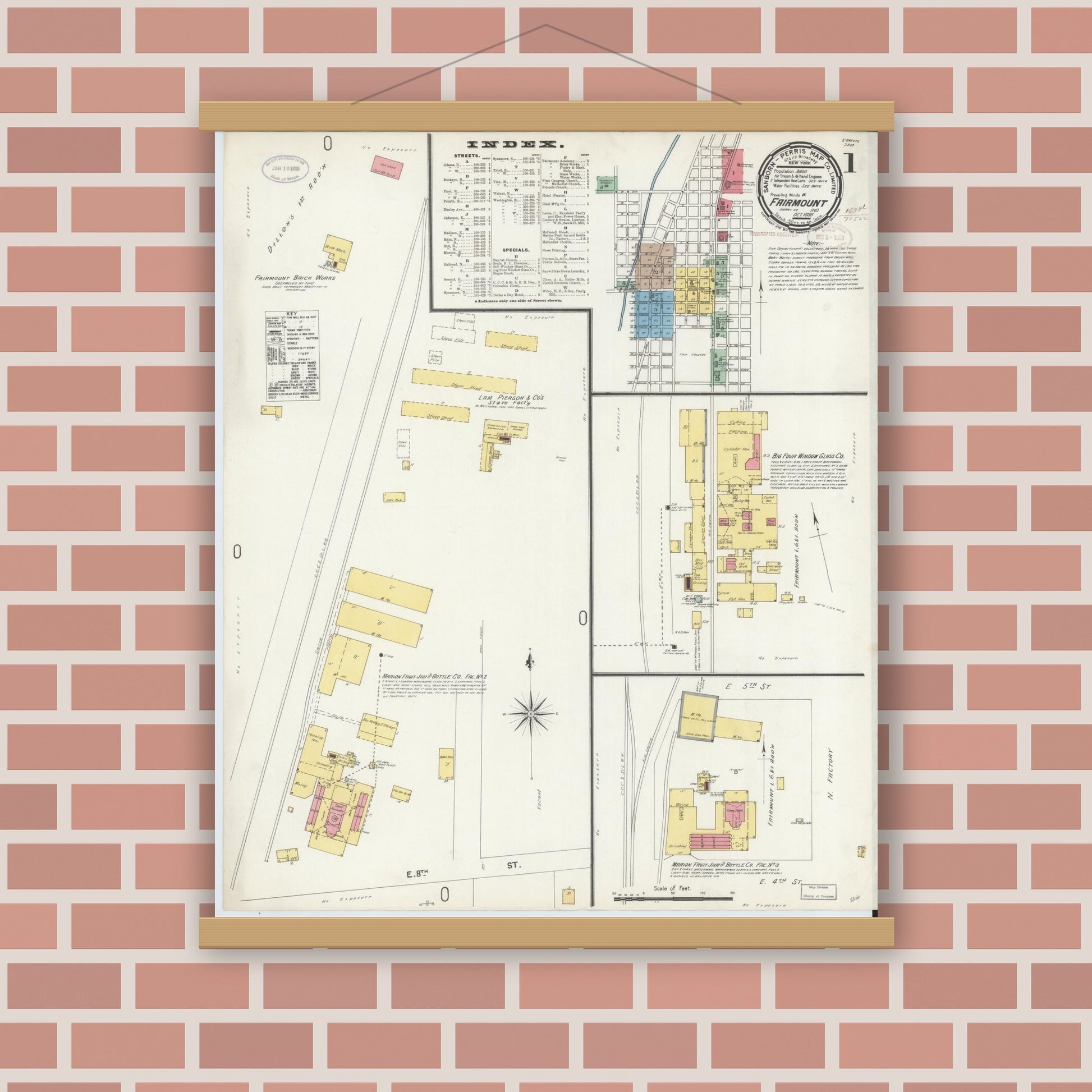 Old map wall art mockup — magnetic wood frame on brick wall — Sanborn Fire Insurance Map from Fairmount, Grant County, Indiana (1898), Sheet #0001