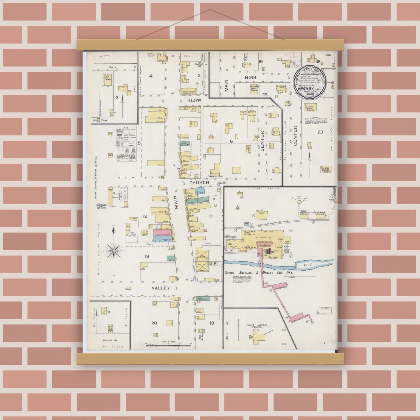 Old map wall art mockup — magnetic wood frame on brick wall — Sanborn Fire Insurance Map from Granby, Newton County, Missouri (1894), Sheet #0001