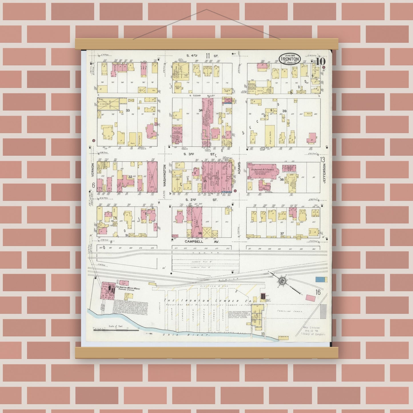 Old map wall art mockup — magnetic wood frame on brick wall — Sanborn Fire Insurance Map from Ironton, Lawrence County, Ohio (1916), Sheet #0010