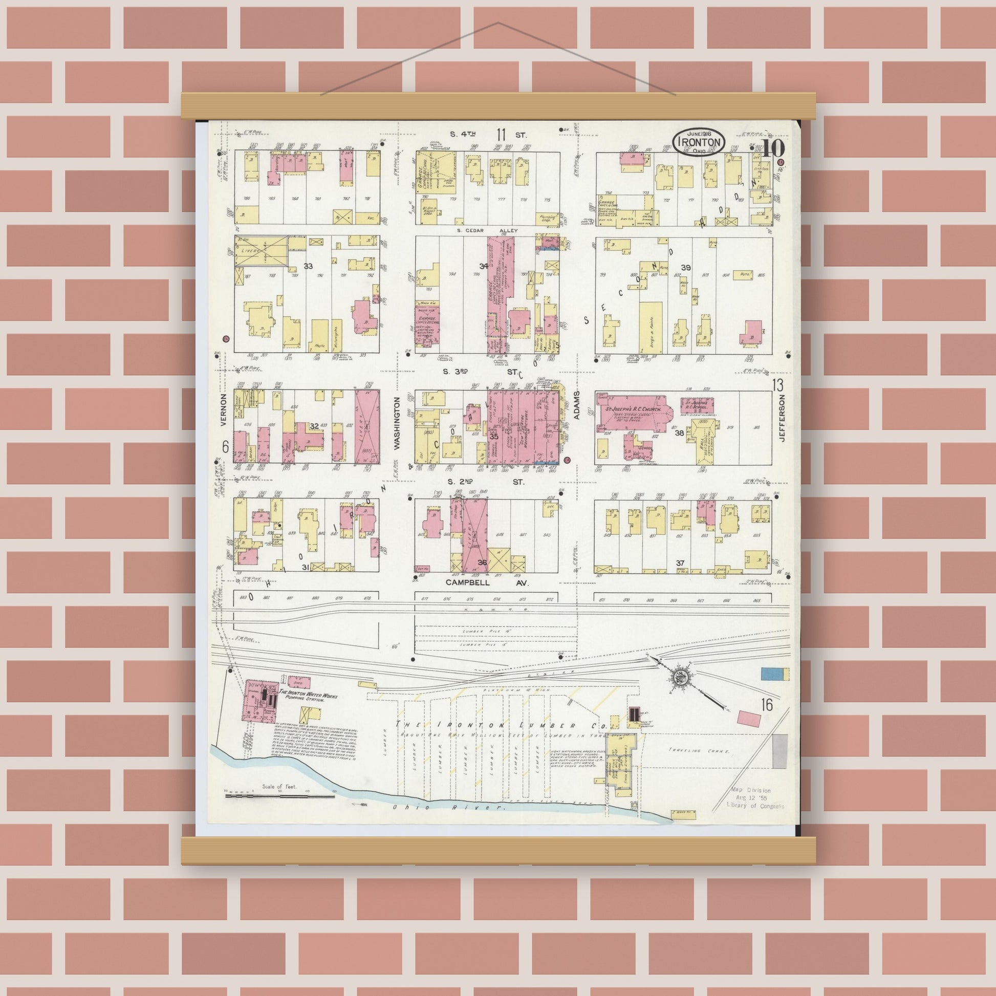Old map wall art mockup — magnetic wood frame on brick wall — Sanborn Fire Insurance Map from Ironton, Lawrence County, Ohio (1916), Sheet #0010