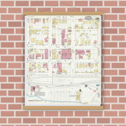 Old map wall art mockup — magnetic wood frame on brick wall — Sanborn Fire Insurance Map from Ironton, Lawrence County, Ohio (1916), Sheet #0010
