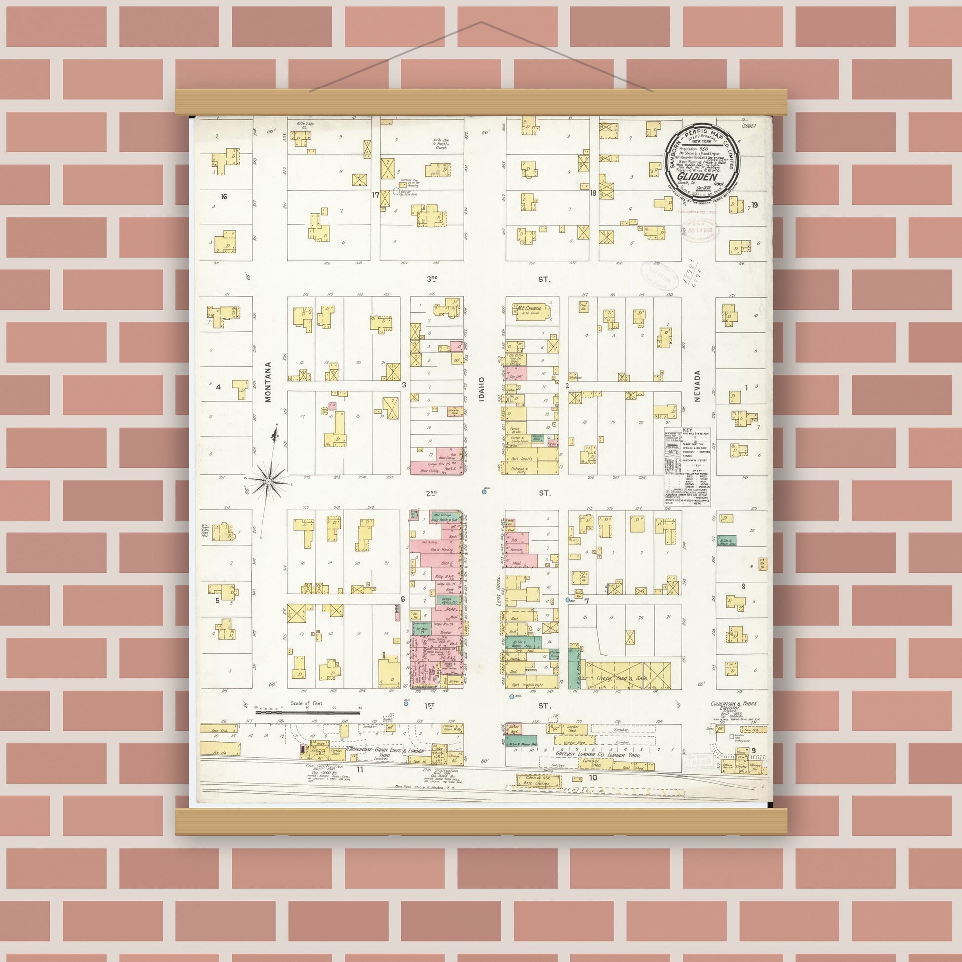Old map wall art mockup — magnetic wood frame on brick wall — Sanborn Fire Insurance Map from Glidden, Carroll County, Iowa (1898), Sheet #0001