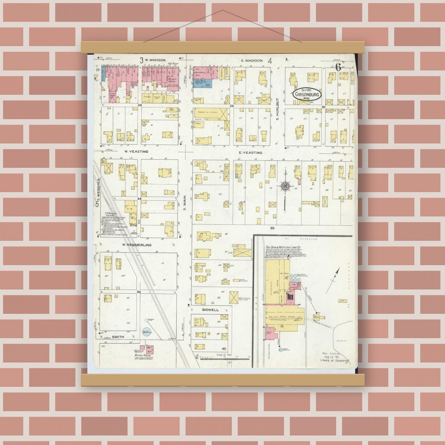 Old map wall art mockup — magnetic wood frame on brick wall — Sanborn Fire Insurance Map from Gibsonburg, Sandusky County, Ohio (1910), Sheet #0006