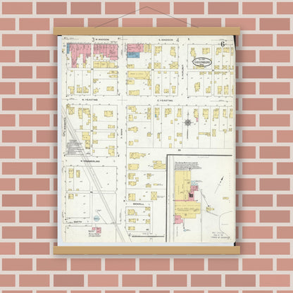 Old map wall art mockup — magnetic wood frame on brick wall — Sanborn Fire Insurance Map from Gibsonburg, Sandusky County, Ohio (1910), Sheet #0006