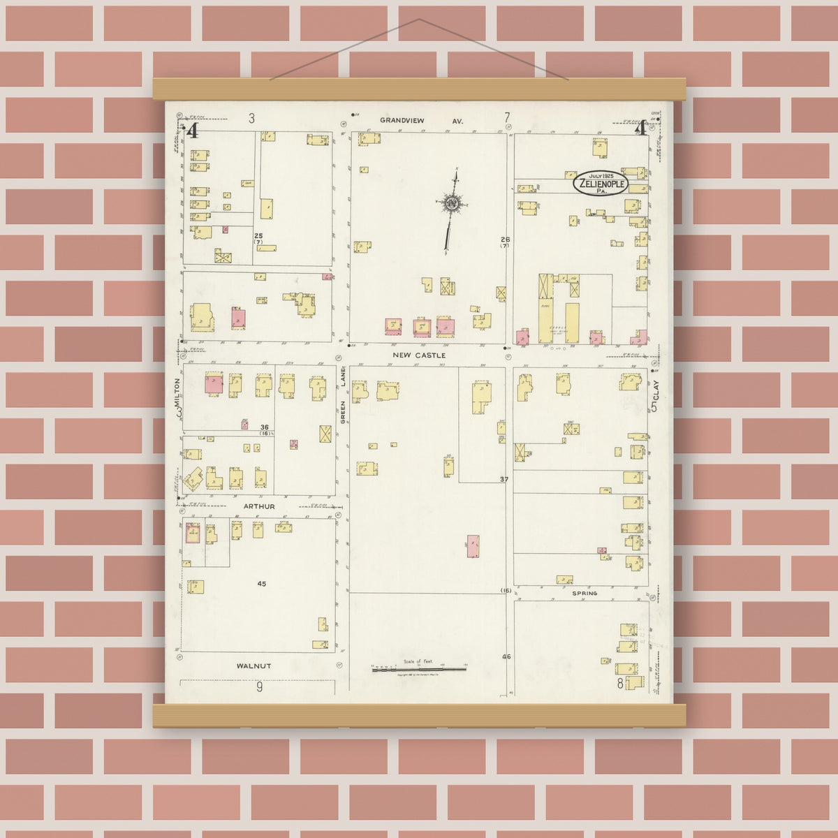 Old map wall art mockup — magnetic wood frame on brick wall — Sanborn Fire Insurance Map from Zelienople, Butler County, Pennsylvania (1925), Sheet #0004