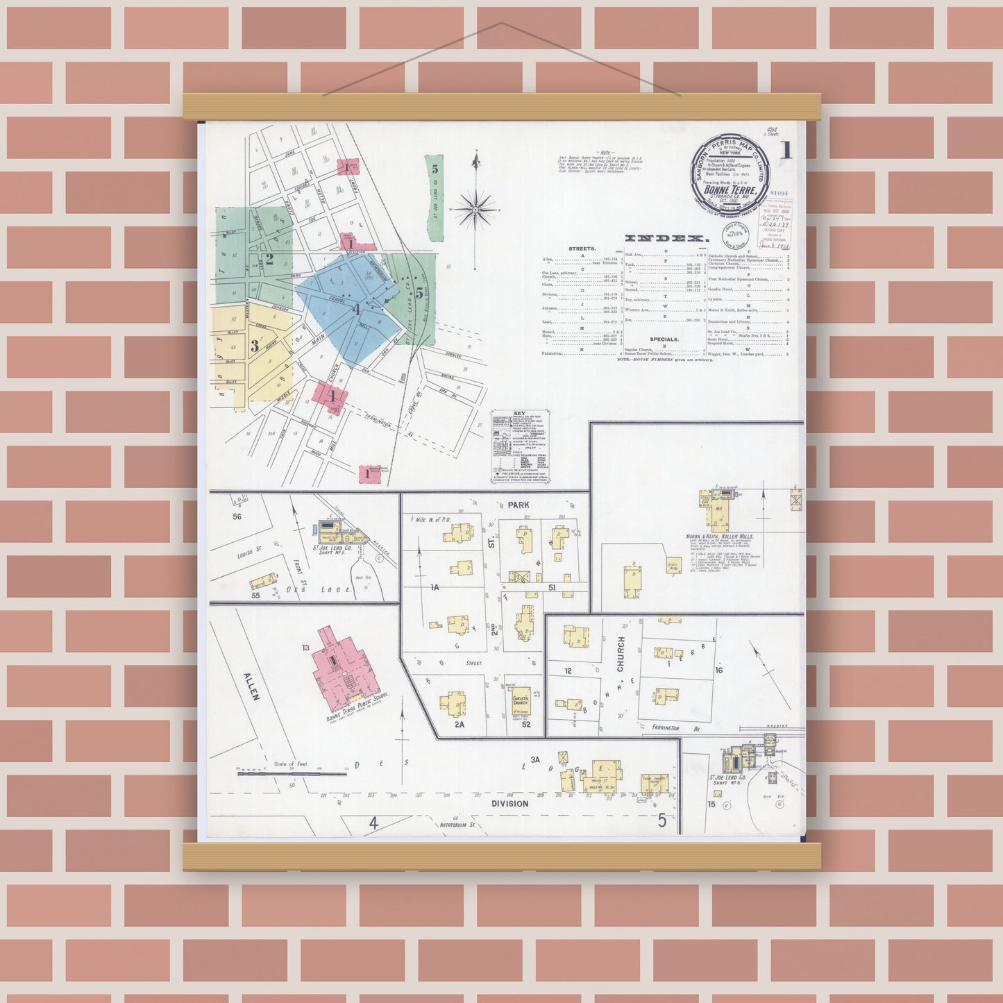 Old map wall art mockup — magnetic wood frame on brick wall — Sanborn Fire Insurance Map from Bonne Terre, Saint Francois County, Missouri (1900) - Complete Map Set