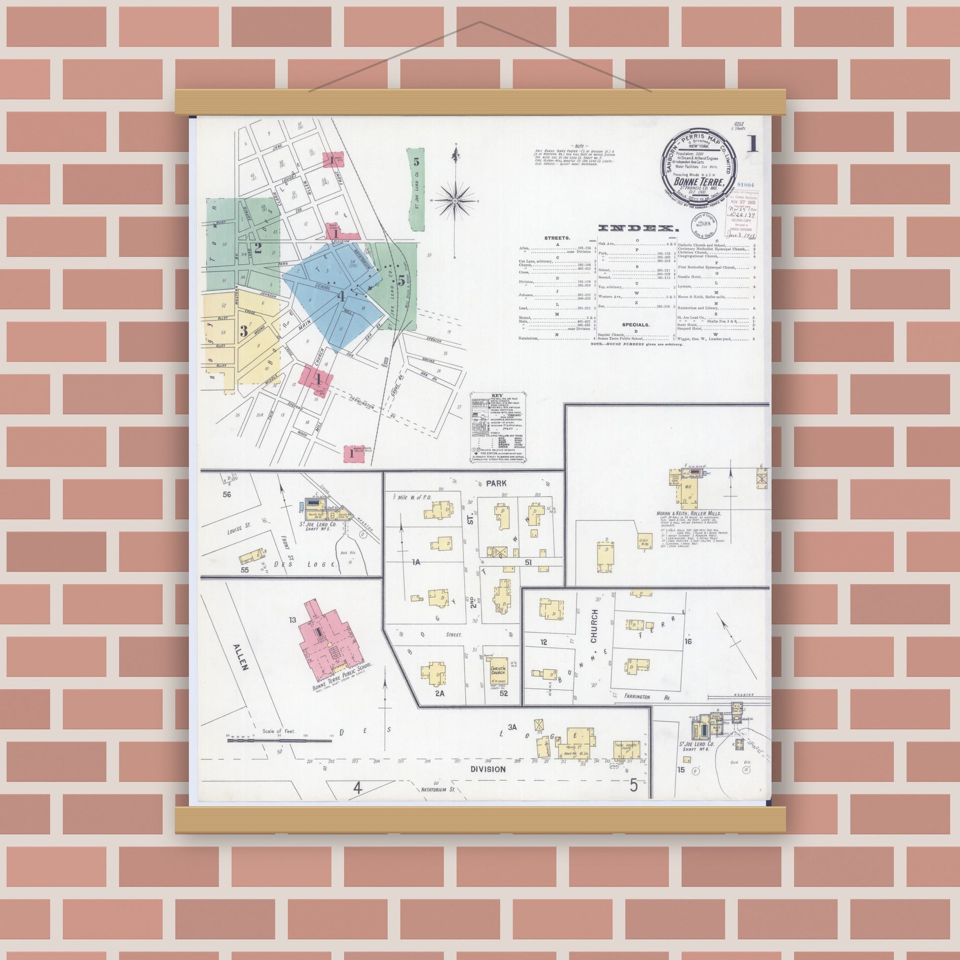 Old map wall art mockup — magnetic wood frame on brick wall — Sanborn Fire Insurance Map from Bonne Terre, Saint Francois County, Missouri (1900) - Complete Map Set