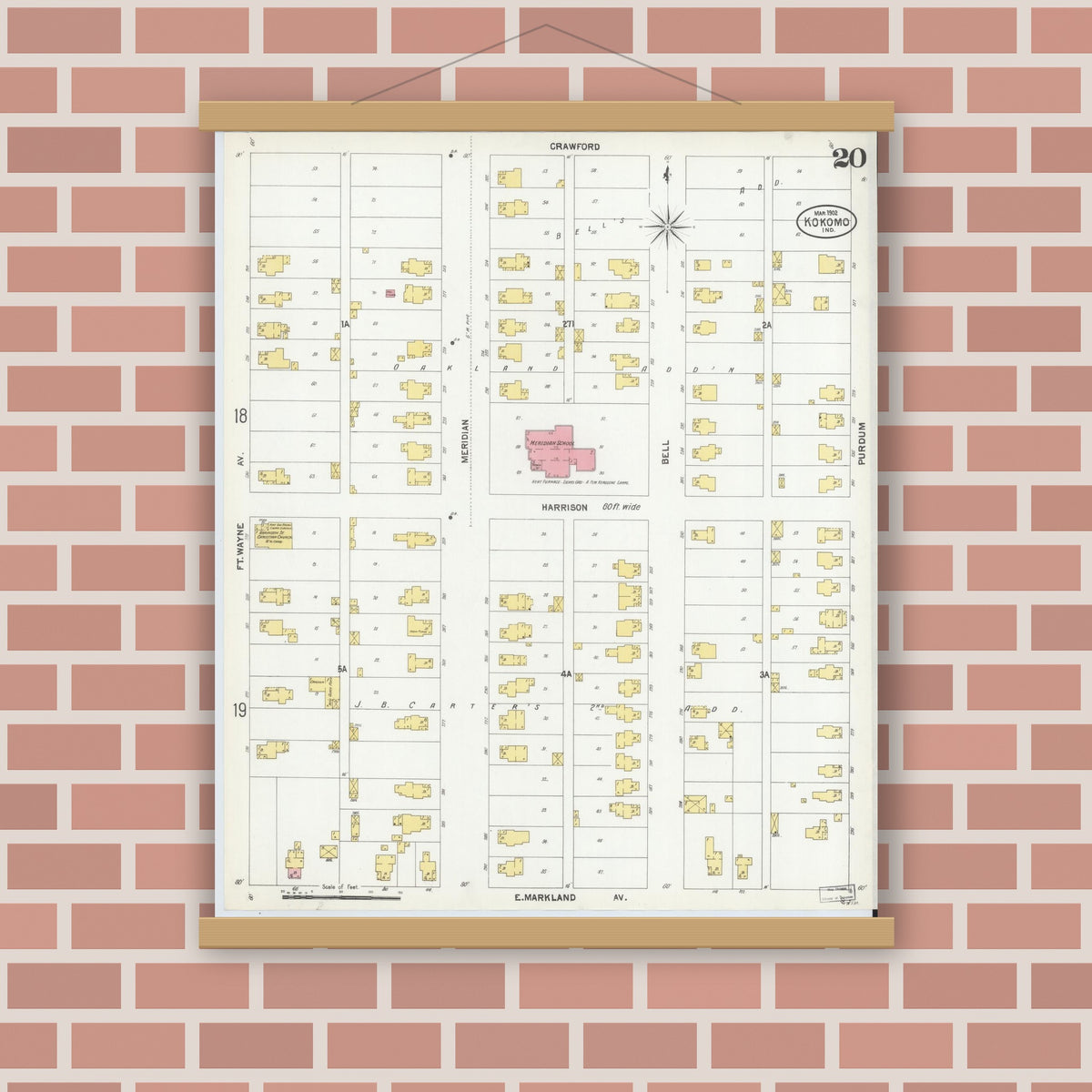Old map wall art mockup — magnetic wood frame on brick wall — Sanborn Fire Insurance Map from Kokomo, Howard County, Indiana (1902), Sheet #0020