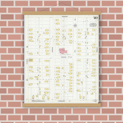 Old map wall art mockup — magnetic wood frame on brick wall — Sanborn Fire Insurance Map from Kokomo, Howard County, Indiana (1902), Sheet #0020