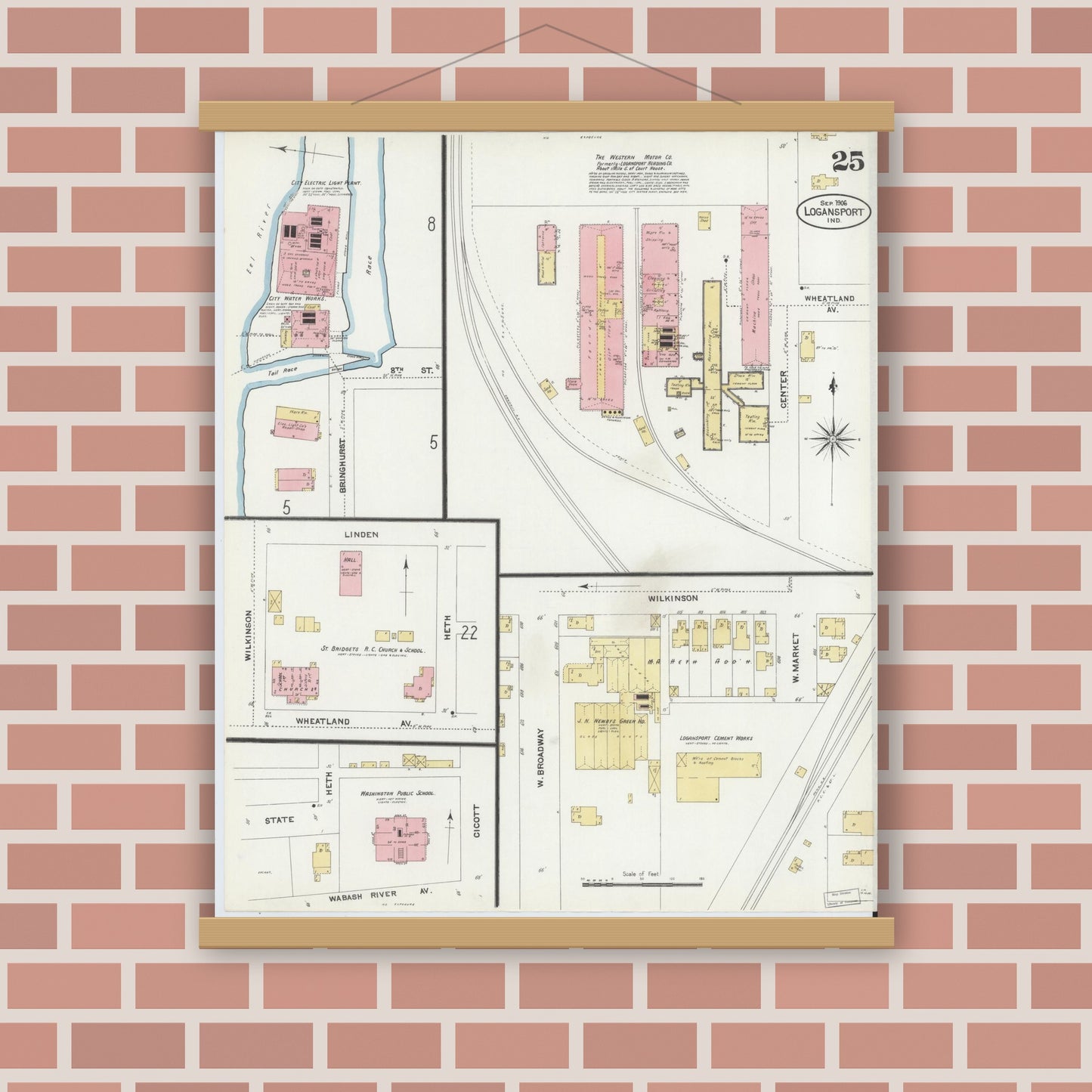 Old map wall art mockup — magnetic wood frame on brick wall — Sanborn Fire Insurance Map from Logansport, Cass County, Indiana (1906), Sheet #0025