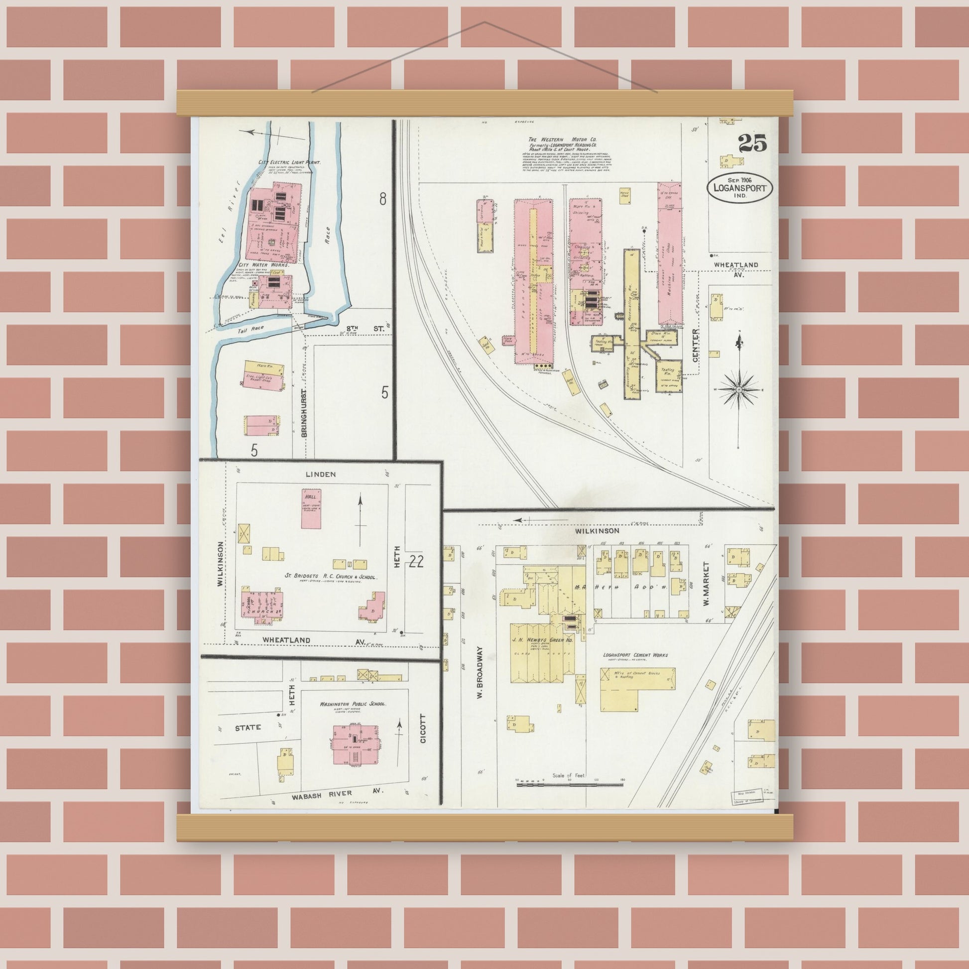 Old map wall art mockup — magnetic wood frame on brick wall — Sanborn Fire Insurance Map from Logansport, Cass County, Indiana (1906), Sheet #0025