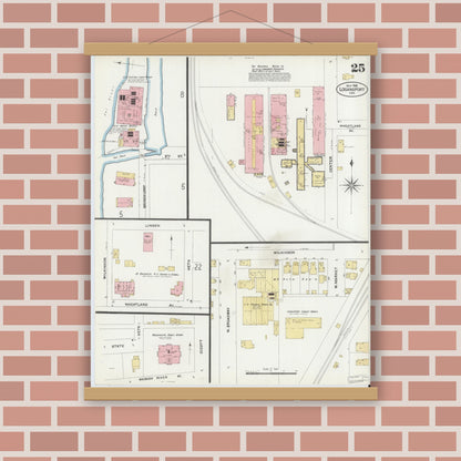Old map wall art mockup — magnetic wood frame on brick wall — Sanborn Fire Insurance Map from Logansport, Cass County, Indiana (1906), Sheet #0025