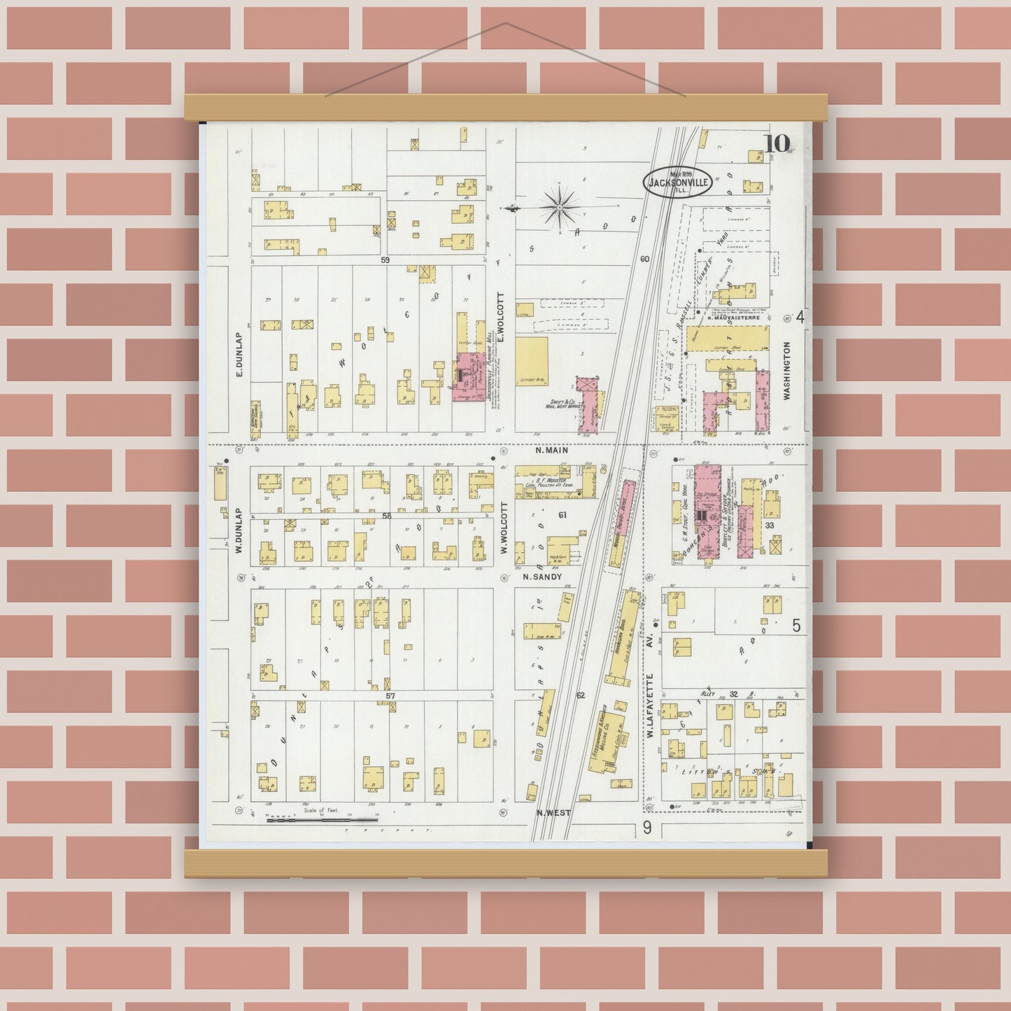 Old map wall art mockup — magnetic wood frame on brick wall — Sanborn Fire Insurance Map from Jacksonville, Morgan County, Illinois (1899), Sheet #0010