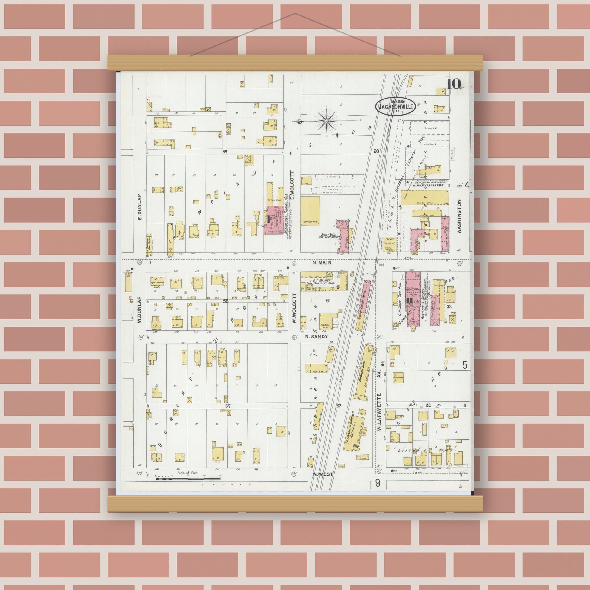 Old map wall art mockup — magnetic wood frame on brick wall — Sanborn Fire Insurance Map from Jacksonville, Morgan County, Illinois (1899), Sheet #0010