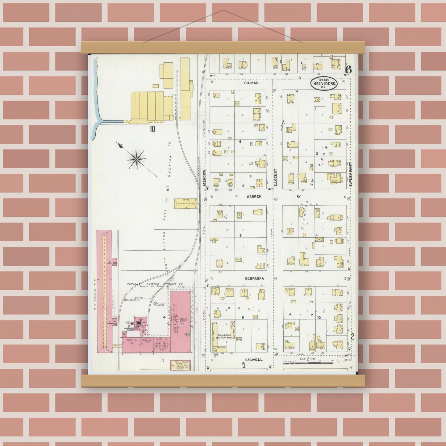 Old map wall art mockup — magnetic wood frame on brick wall — Sanborn Fire Insurance Map from Belvidere, Boone County, Illinois (1904), Sheet #0006