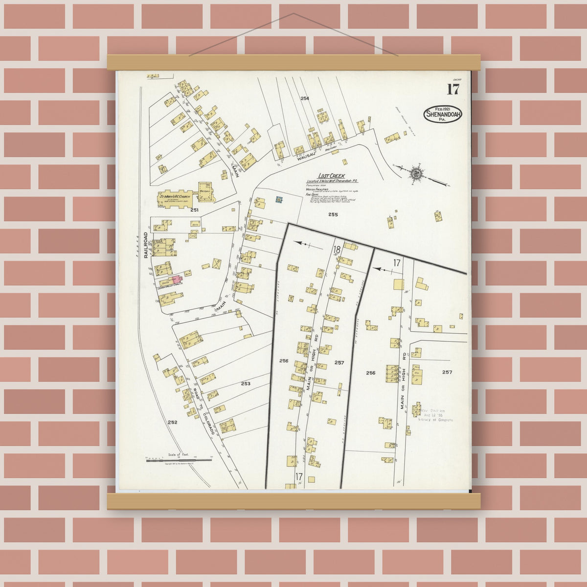 Old map wall art mockup — magnetic wood frame on brick wall — Sanborn Fire Insurance Map from Shenandoah, Schuylkill County, Pennsylvania (1921), Sheet #0017