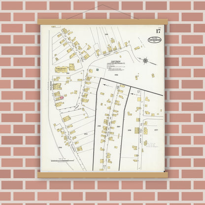 Old map wall art mockup — magnetic wood frame on brick wall — Sanborn Fire Insurance Map from Shenandoah, Schuylkill County, Pennsylvania (1921), Sheet #0017