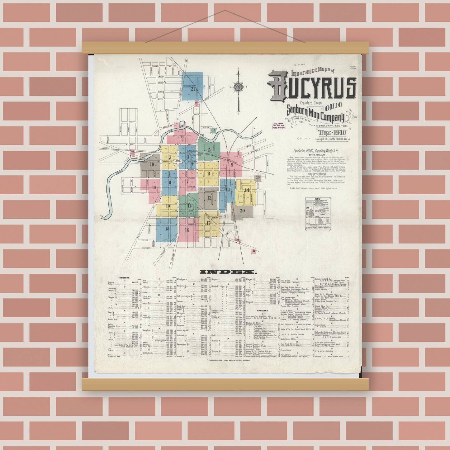 Old map wall art mockup — magnetic wood frame on brick wall — Sanborn Fire Insurance Map from Bucyrus, Crawford County, Ohio (1910), Sheet #0001